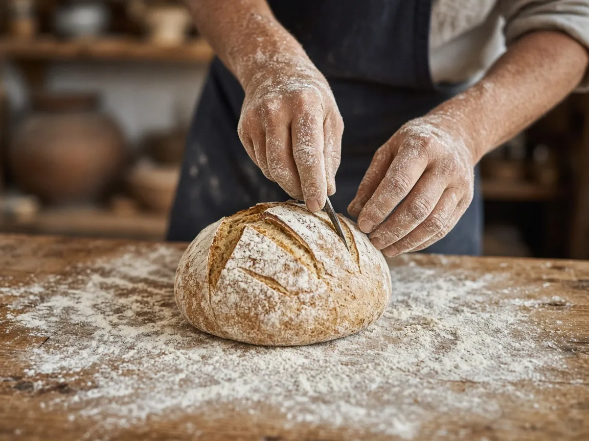 Boulanger scarifiant un pain de campagne au levain