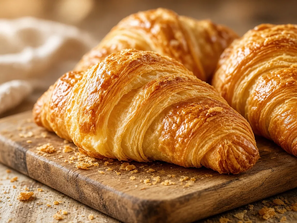 Croissants pur beurre dorés sur une planche en bois